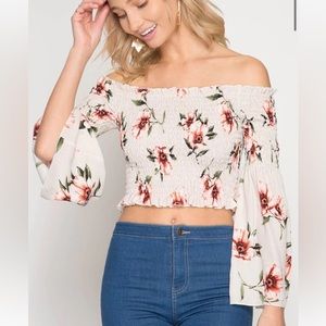 SUMMER OFF SHOULDER BEIGE ELASTIC FLORAL PRINT TOP WITH BELL SLEEVE medium